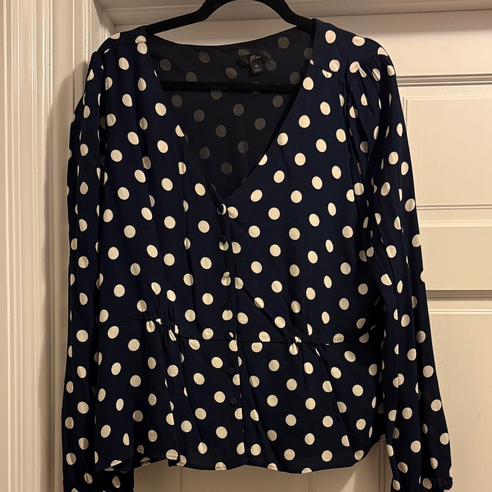 J. Crew Navy and White Polka Dot Blouse